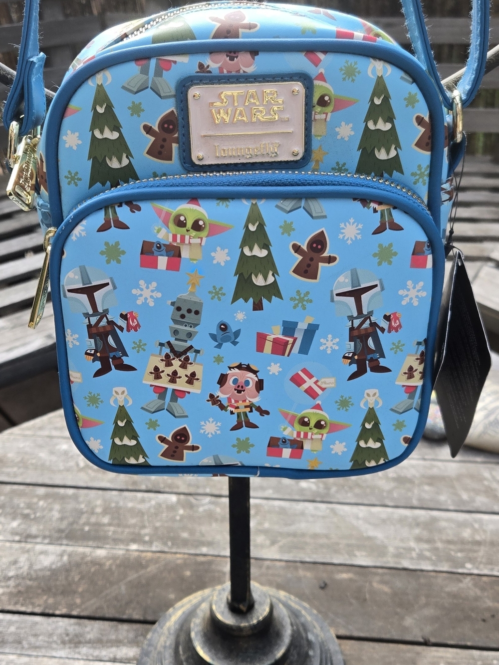 LOUNGEFLY Adorable Star Wars Holiday/Christmas Crossbody Bag in Bright Blue